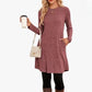 Women's Long Sleeve Low Round Neck Button Side Dress With Pockets