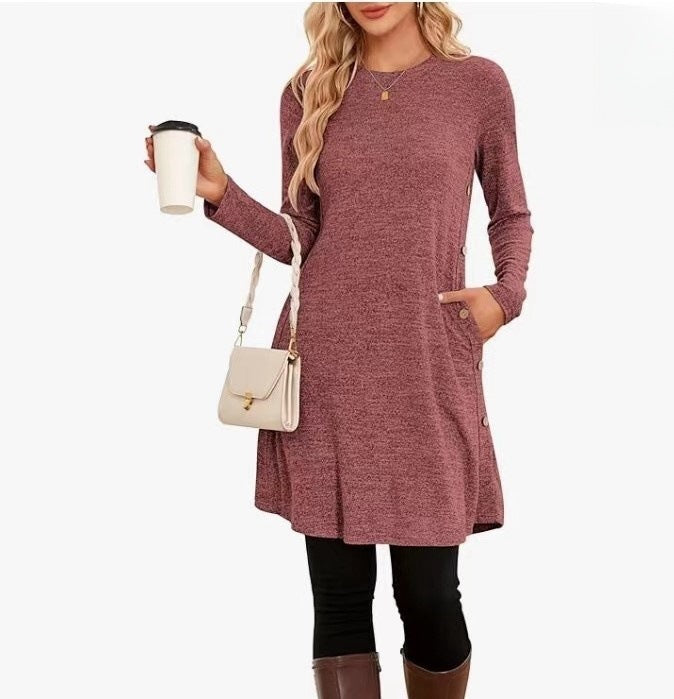 Women's Long Sleeve Low Round Neck Button Side Dress With Pockets