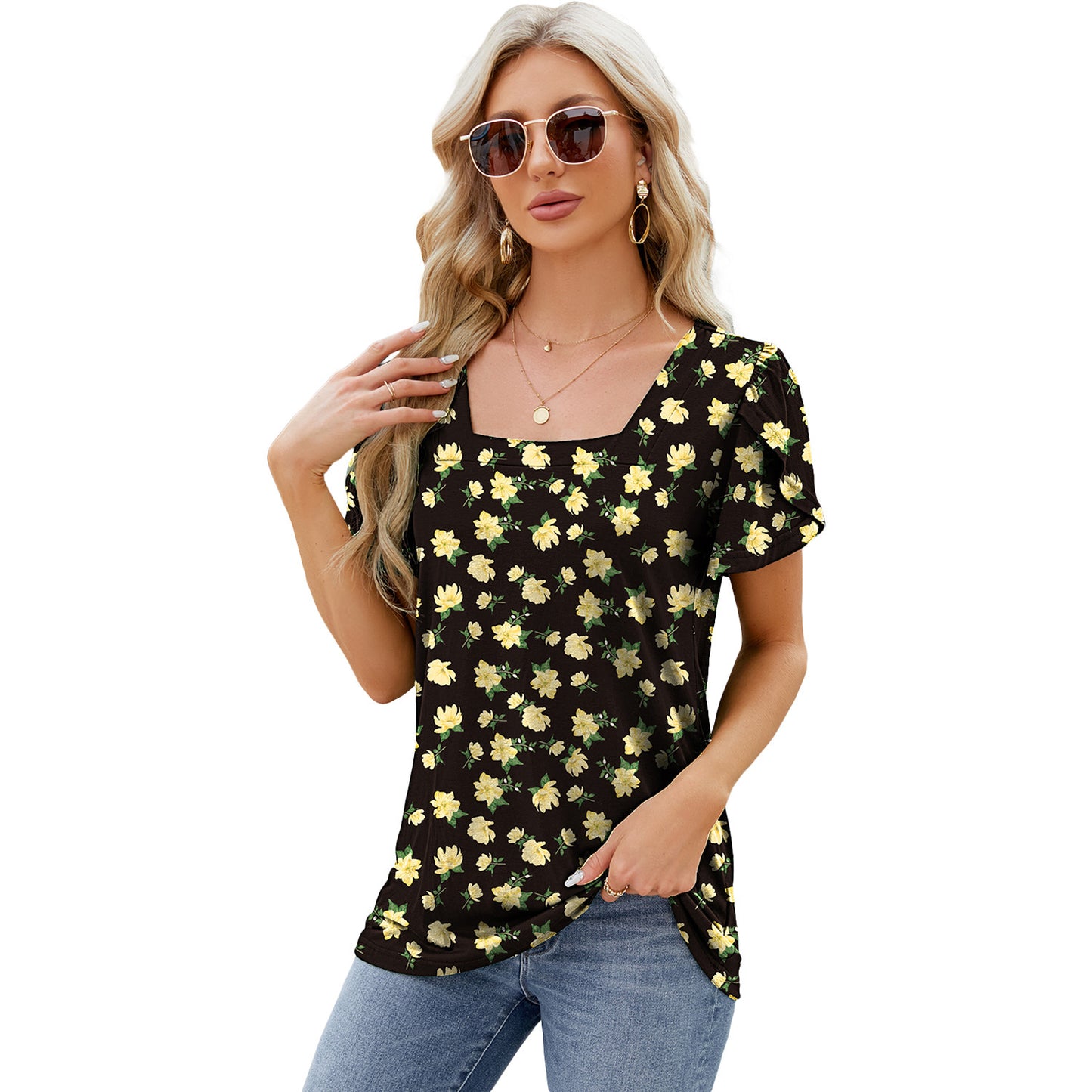 Summer Top Fashion Square Neck Printed Short-sleeved T-shirt With Petal Sleeve Design Bohemian Beach Loose T-shirt For Womens Clothing