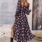 Flowers Printing Long Sleeve Dress Fashion Square-neck Bottom Slit Dresses Womens  Clothing