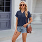 Solid Color V-neck Lapel Short-sleeved T-shirt Summer Loose Top Womens Clothing