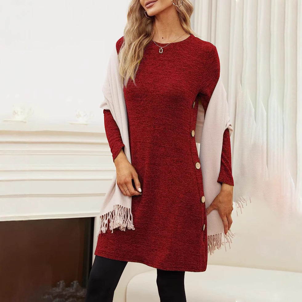 Women's Long Sleeve Low Round Neck Button Side Dress With Pockets