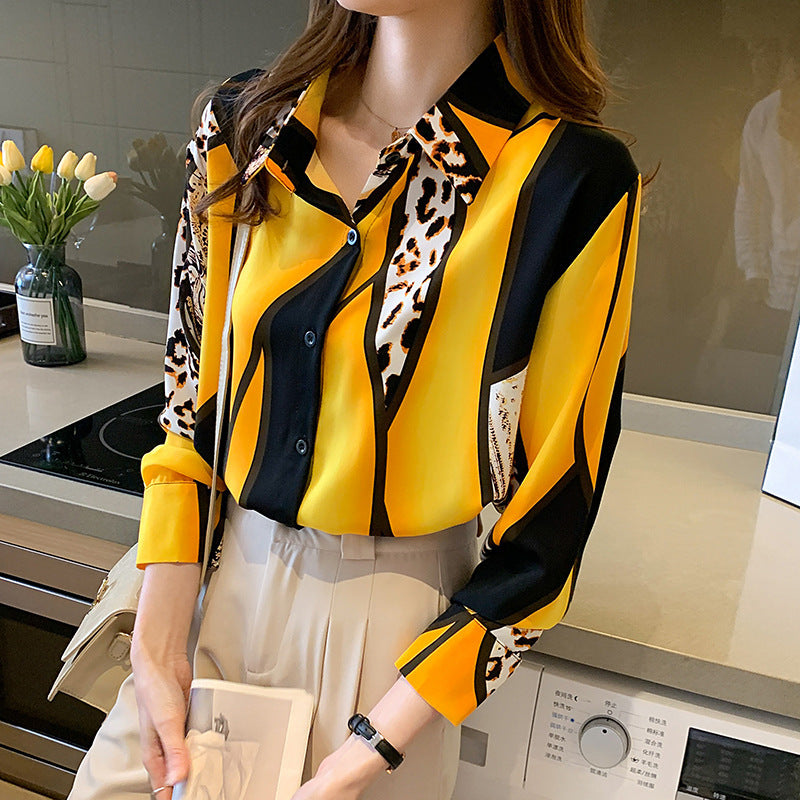 Westernstyle Allmatch Color Contrast Leopard Print Long Sleeved Chiffon Shirt Womens Top