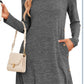 Women's Long Sleeve Low Round Neck Button Side Dress With Pockets