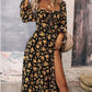 Flowers Printing Long Sleeve Dress Fashion Square-neck Bottom Slit Dresses Womens  Clothing