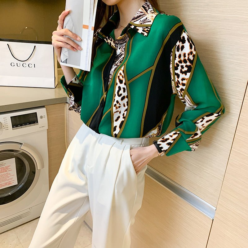 Westernstyle Allmatch Color Contrast Leopard Print Long Sleeved Chiffon Shirt Womens Top