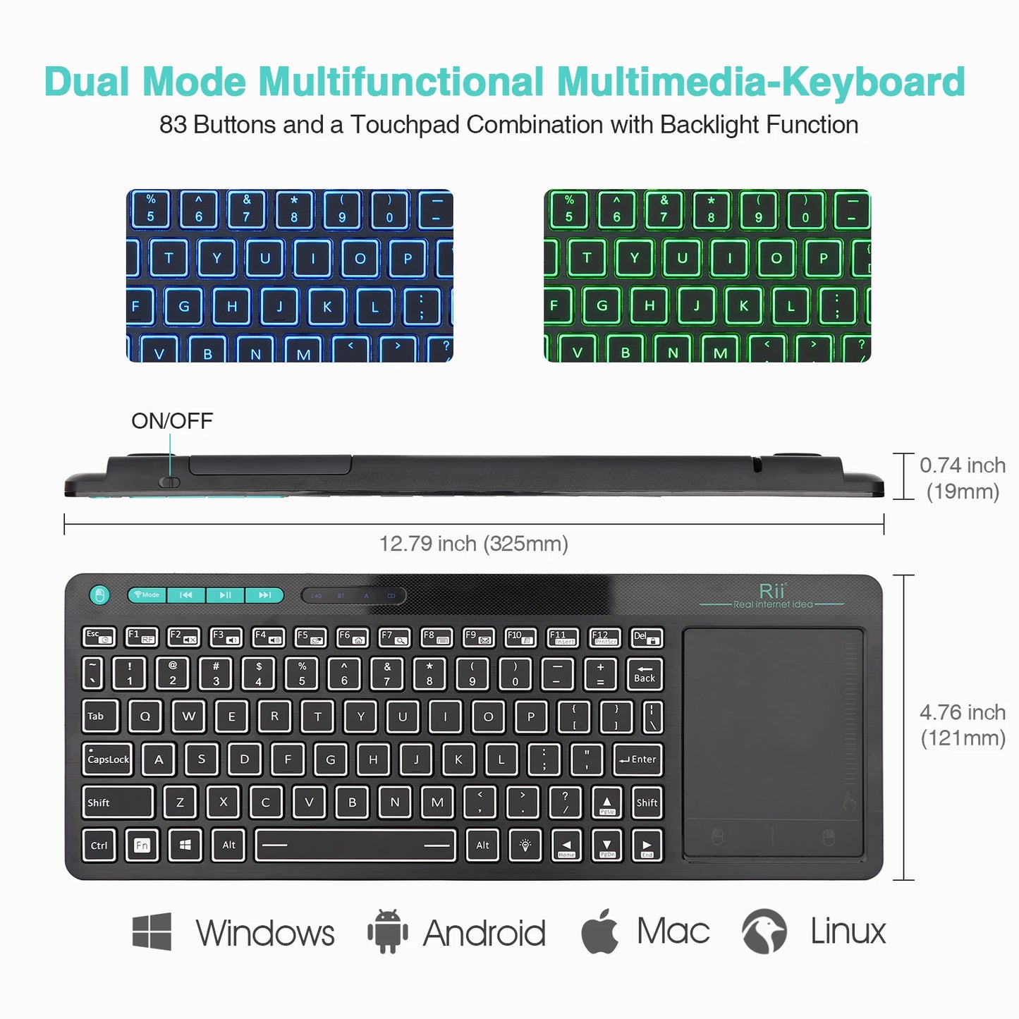 Rii RT518S Mini Bluetooth Wireless 2-LED Color Backlit Multimedia Keyboard Mouse Rechargable Keyboard For Android TV Box /PC
