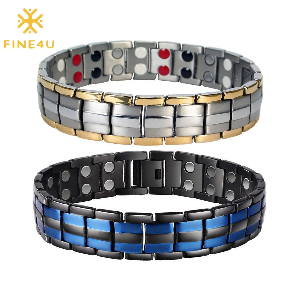 FINE4U B387 Double Row Punk Health Magnetic Bracelet Men's Jewelry Titanium Hand Bracelets Bijoux Black Plated Health Bracelet