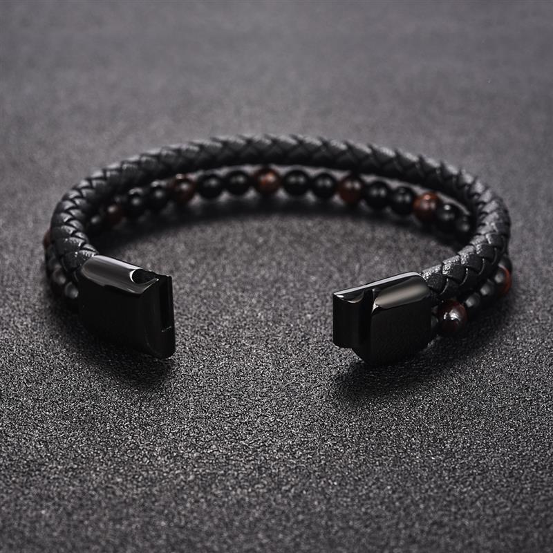 Natural Red Tiger Eyes Stone Beaded Bracelet Double Layer Leather Bangle for Men 2020 Fashion Punk Male Jewelry Christmas Gift
