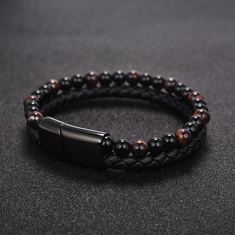 Natural Red Tiger Eyes Stone Beaded Bracelet Double Layer Leather Bangle for Men 2020 Fashion Punk Male Jewelry Christmas Gift