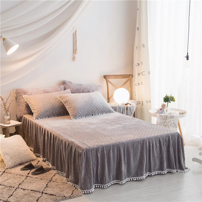 Autumn Winter Plush Quilted Bedding Set 3/4pcs Solid Color Faux Mink Fur Duvet Cover Sheets Pillowcase Tassel Hairball Warm