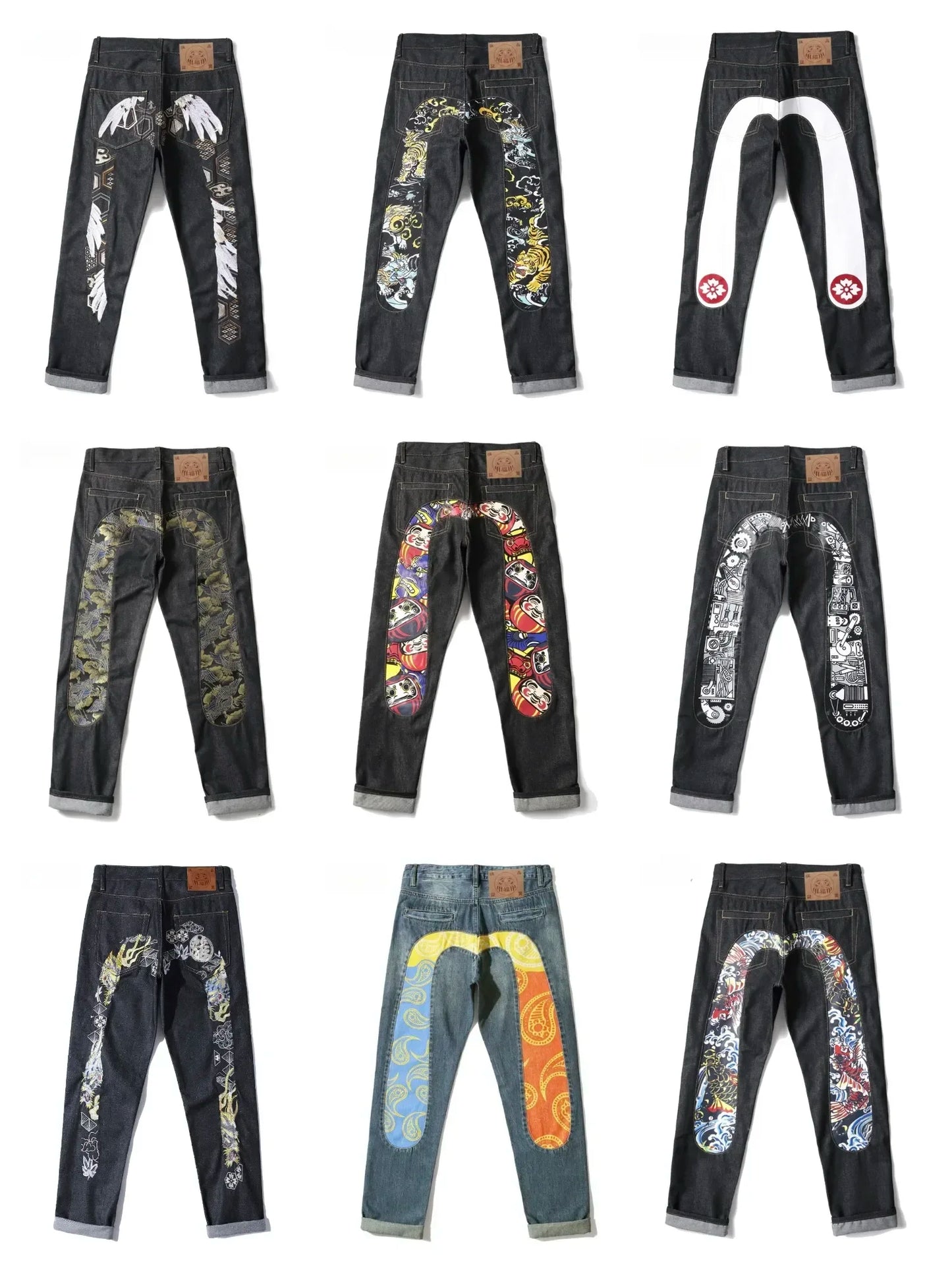New Japanese Hipster Retro Hip-hop Fashion Print Jeans High Street Leisure Slim Straight Embroidery Print Stitching Trousers