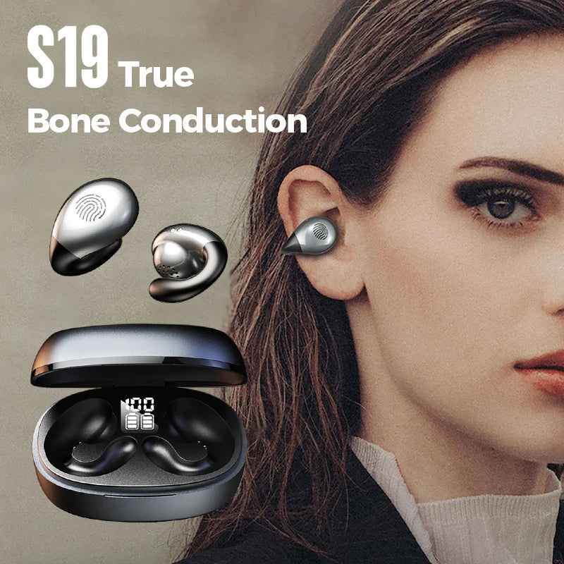 True Bone Conduction Bluetooth Earphones Ear Clip Earring Wireless Headphones with Mic Calling Touch Control Sports Headsets