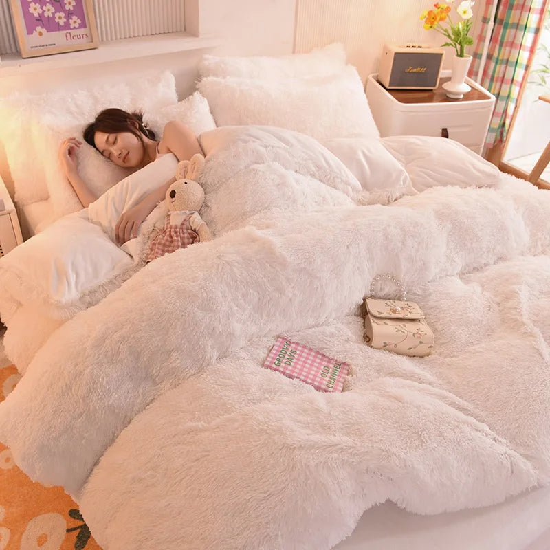 Comfortable Winter Mink Velvet Bedding Faux Animal Fur Duvet Cover Bedspread Pillowcases Set Blanket Bed Sheet Set
