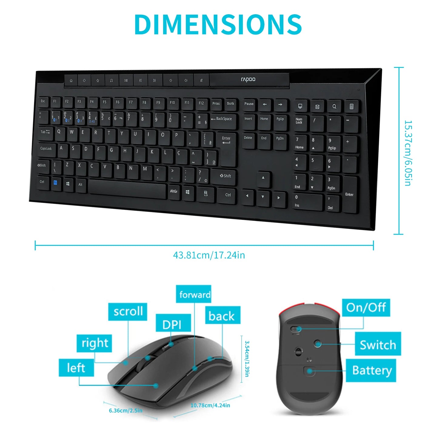 Rapoo 8210M Multi-Mode Bluetooth Wireless Keyboard and Mouse Kit ABNT2 Portuguese Brazil Layout Black Color with Multimedia Keys