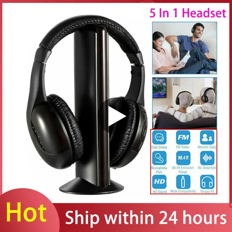 5 In 1 Headset Wireless Headphone Cordless RF Mic Radio Headset High-fidelity Sound Wireless Headset For MP3 MP4 PC TV DVD CD