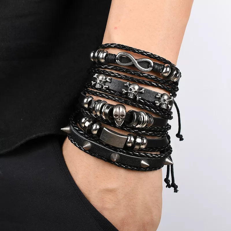 Fashion Bracelet Viking  Bracelet For Men Hand Bracelets Woven Skull Hand Jewelry Adjustable Leather Set Bracelet For Leather