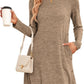 Women's Long Sleeve Low Round Neck Button Side Dress With Pockets