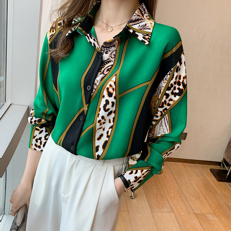 Westernstyle Allmatch Color Contrast Leopard Print Long Sleeved Chiffon Shirt Womens Top