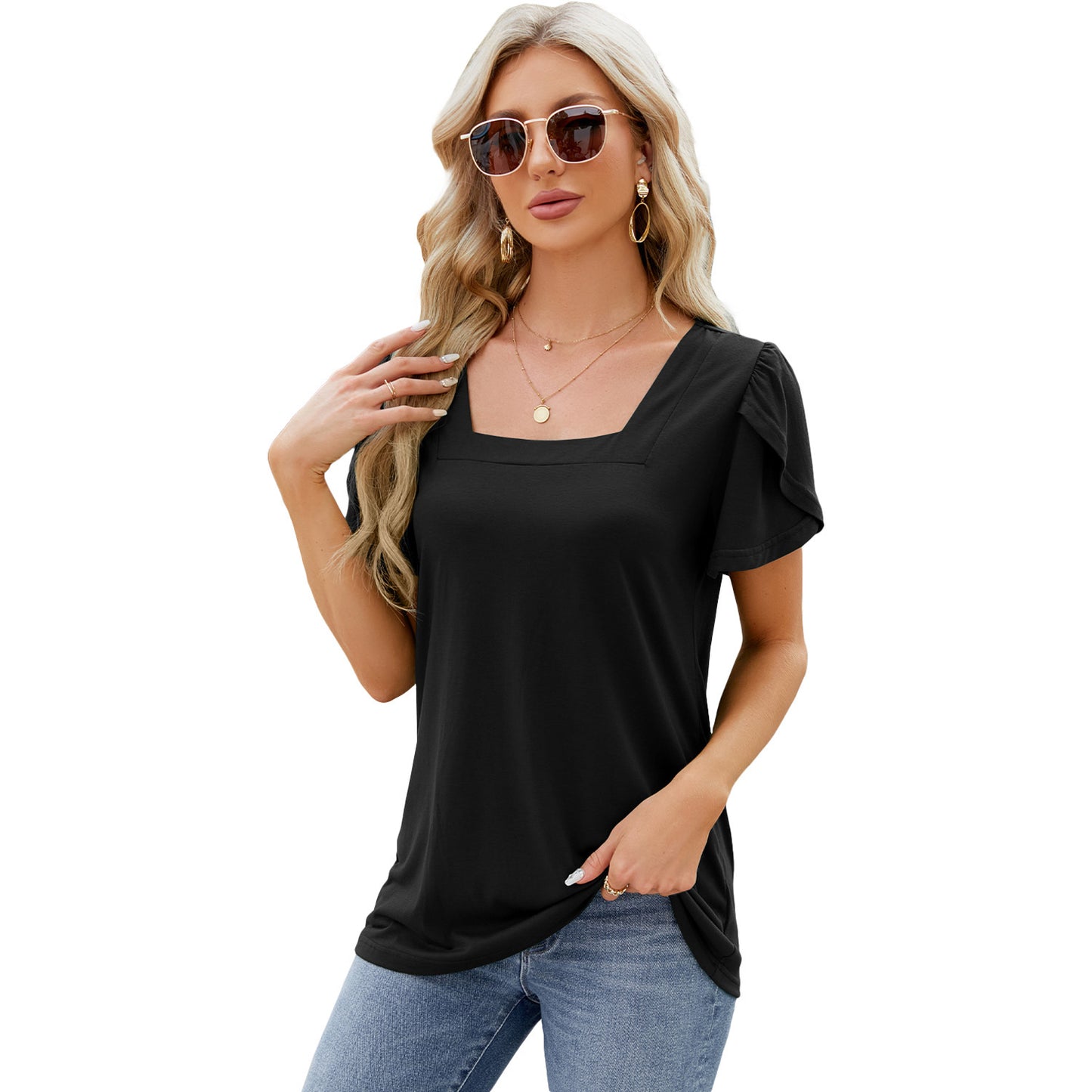 Summer Top Fashion Square Neck Printed Short-sleeved T-shirt With Petal Sleeve Design Bohemian Beach Loose T-shirt For Womens Clothing